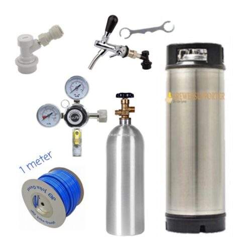 19L ball lock corny keg with Co2 tank and adjustable flow control tap.